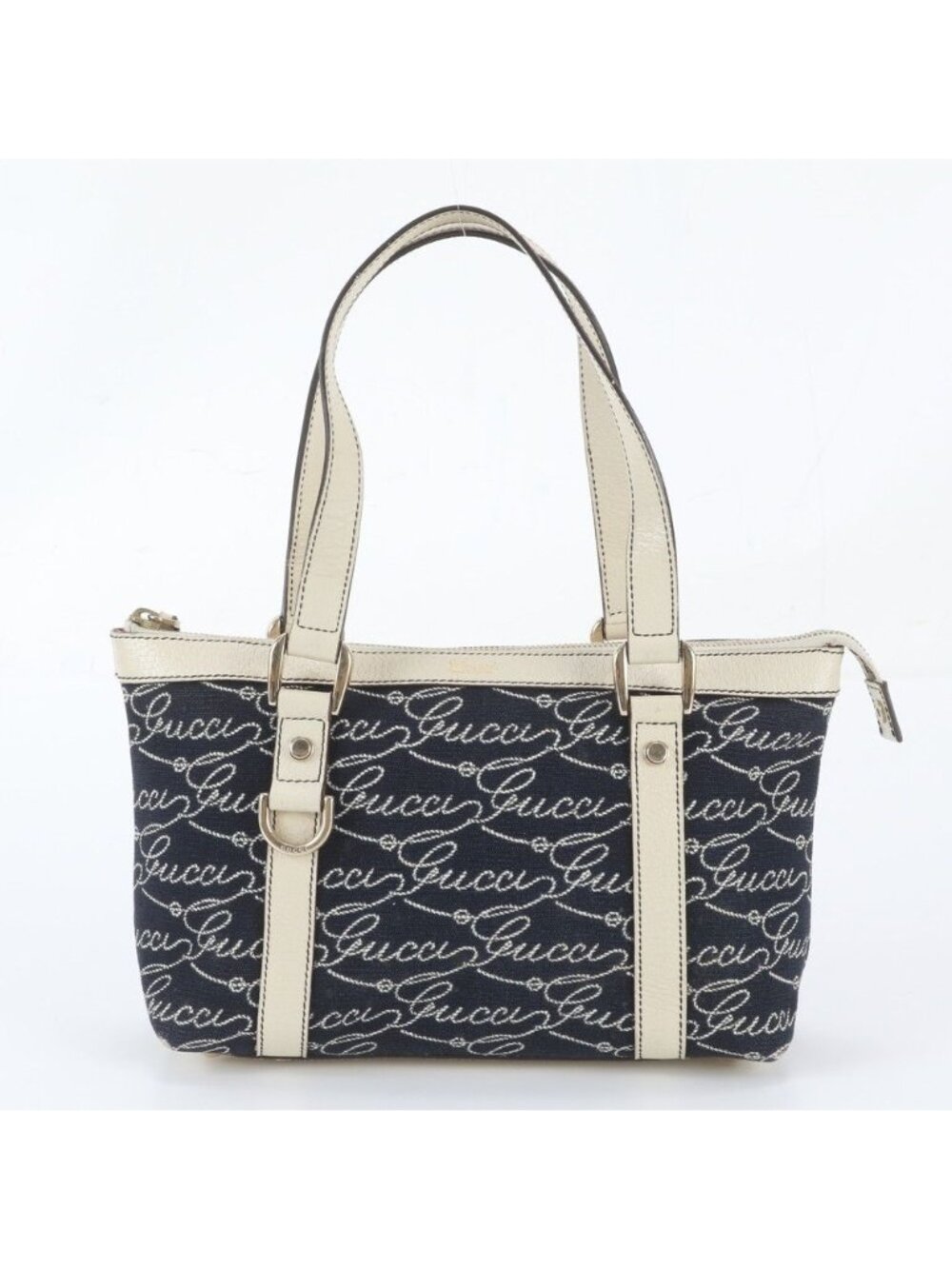 Gucci Abbey Leather Canvas Handbag Tote Navy